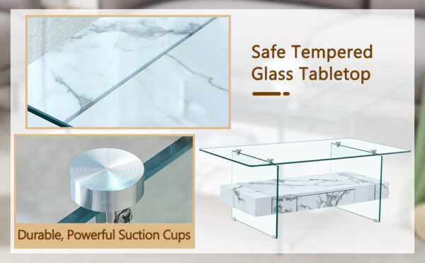 e6cf487823a944009fdb7a0fbb0eed45_c9a506af01aa36e61cf3c4efef1c5c90 43.3 Inch Modern Two-Tier Coffee Table - Clear Tempered Glass and White Marble Texture, Multifunctional Storage Design.The bottom tier includes a drawer.Can be used as a coffee table,side table,etc.