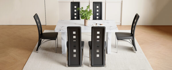 e6d3c67e86e74f66abbde2b24c93c2f6_c09c2a328cb82d642dedf3c6f05feaa3 Table and chair set.63"*35.4" White Imitation Marble Pattern MDF Dining Table Set - 6 PU Chair With Black Saddleback, Geometric Pattern Backrest,Silver Curved Metal Leg..Suitable For Various Scenes.
