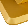 A modern minimalist dining table. Imitation marbled glass tabletop. Gold MDF table legs for kitchen and living room