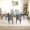 Table and chair set.79"x31.5" Inch Tempered Glass Tabletop With X-shaped Black Metal Table Legs,Wood Grain Textured MDF Crossbeam.Paired With 6 Light Gray Linen-Cotton Dining Chairs.