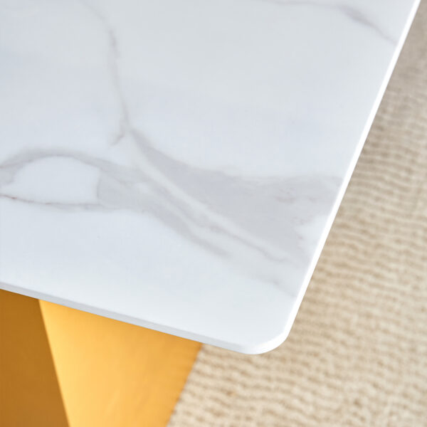 e72d0909cdcf4feca441eb23924be260_56799cd961402fed559a79d1a874557a Table and chair set.Large modern rectangular table with 0.4 inch patterned glass tabletop and large MDF table legs.Comes with 8 chairs with faux leather cushioned seats and golden metal legs.
