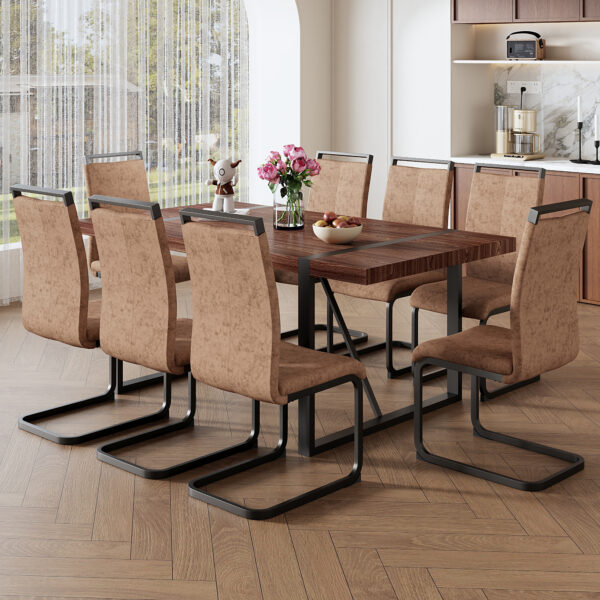 e7348a488ac546098d3f92643cc90284_31cf20f9f0c592710ddf457b00e079ab Table and chair set.Industrial Style Walnut-Colored Rectangular Dining Table - 71"x39.3" Large Size.Paired with 8 brown technology fabric chairs with Featuring arched black Metal legs.