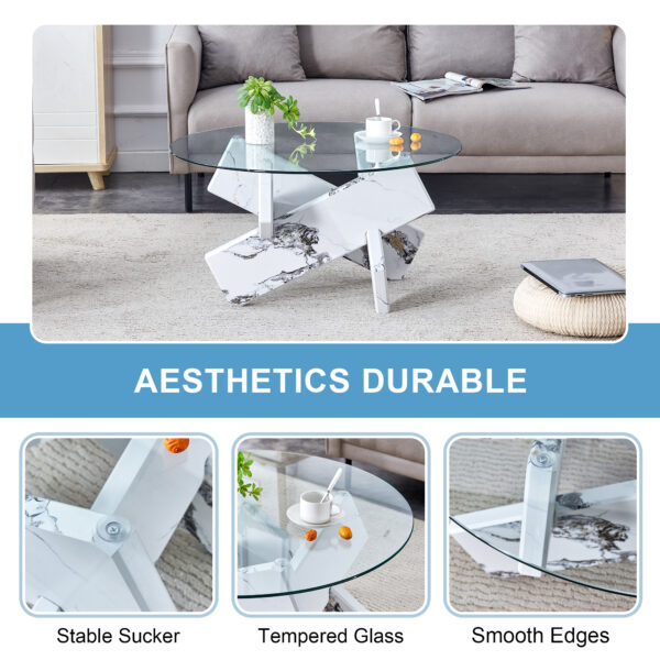 e73b12370d564d28b489fc817dc69dc7_aef60d554c4a7305e79dbbd7ce8d4e7d Round glass coffee table, 33.4 "modern design unique coffee table. Tempered glass countertop with white patterned MDF legs. Suitable for living and dining rooms