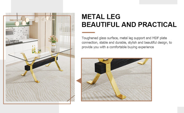 e74c99bd78984cf1be939a61495d6764_ef14018f4bb5f86b1a7f824b8dec1a5a Dining table. Modern tempered glass dining table. Large modern office desk with gold metal legs and MDF crossbars, suitable for home and office use. Kitchen .71 ''x35.4''x30 '' 1105