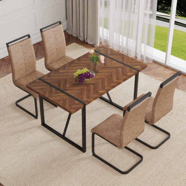 Table and chair set.A retro rectangular dining table with fishbone patterned MDF desktop and black metal legs.Paired With 4 Brown technology fabric chairs with Featuring arched black legs.