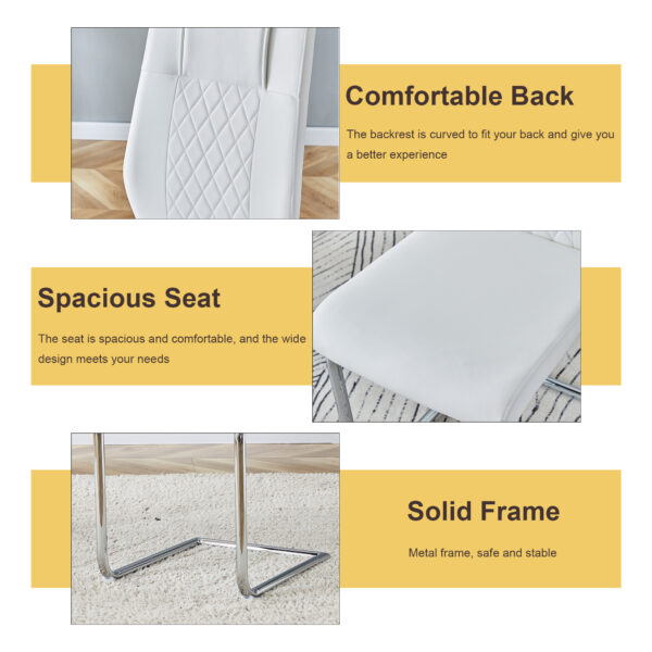 e76f84128a1c43c69ab6c608eb181f4c_c2c4a8131951df5c25916efcf12a5fd8 Table and chair set.63"x31.5x30" Luxurious Pandora patterned Sintered Stone Tabletop with Silver Stainless Steel Butterfly Legs.Paried With 6 White High-quality PU Chairs With Arched Metal Legs.