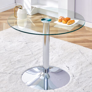 A 35-inch diameter glass top and a modern, minimalist round dining table with silver metal legs. Ideal for dining rooms, living rooms and meeting rooms.