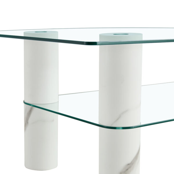e7abaf91959a44498fe3b77bdf34ca66_20240311_f4787846c410cc0e89a0ae272f20aab4 Modern minimalist double layered transparent tempered glass coffee table and coffee table, paired with white MDF decorative columns. Computer desk. Game table. CT-X02