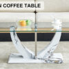Modern minimalist transparent tempered glass coffee table with marble patterned MDF legs and stainless steel decorative columns. Computer desk. Game table. CT-907
