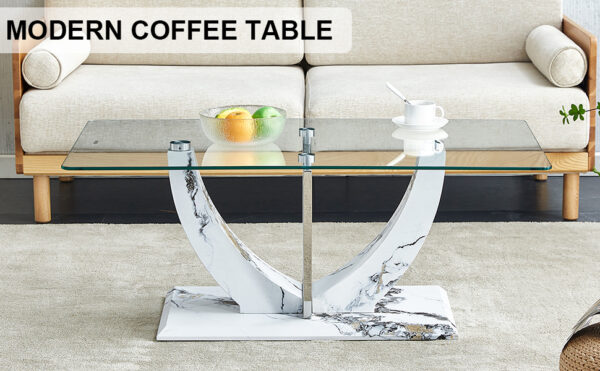 e7bac659148e4d198e29e6a3a7e6b00e_20240206_93e7b948eef19f9d631cbb5928a6e505 Modern minimalist transparent tempered glass coffee table with marble patterned MDF legs and stainless steel decorative columns. Computer desk. Game table. CT-907