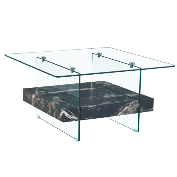 e7c90e29203045759f3ab8b6c9cb720d_efdb9e970944962e711e9bfaa90f4014 31.4 Inch Modern Two-Tier Square Coffee Table - An Elegant Combination of Clear Glass and Black Marble Pattern Sticker.It can be used as a coffee table,a side table or a display stand.