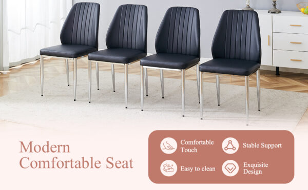e7d17e711e4a44ce88065f48440b4a36_037ba34c8d16b5d147c376958c7930bf Set of 8 Black PU Comfort Dining Chairs (17.7"x25").Dining chair with extended backrest,BLACK PU,Silver metal legs,Suitable for various places such as family restaurants, hotels, coffee shops,etc.