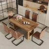 Table and chair set.64.5 x 35.4 Inch Stylish Wood Color Textured Dining Table.Perfectly Blending Simplicity And Transparency.Paried With 6 Brown technology fabric chairs with arched black legs.