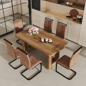 Table and chair set.64.5 x 35.4 Inch Stylish Wood Color Textured Dining Table.Perfectly Blending Simplicity And Transparency.Paried With 6 Brown technology fabric chairs with arched black legs.