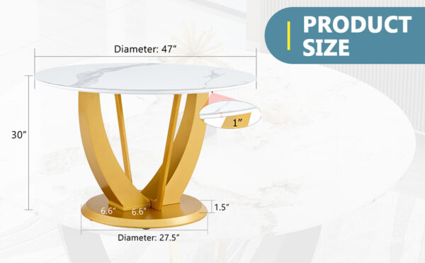 e7e7abb5fb7b44af8bb8bdeb13090cff_b3aa01a4cc1041e6c69d376e36b32d7d A modern minimalist round white patterned table top measuring 48 inches in diameter with gold MDF legs. Suitable for dining and living rooms.