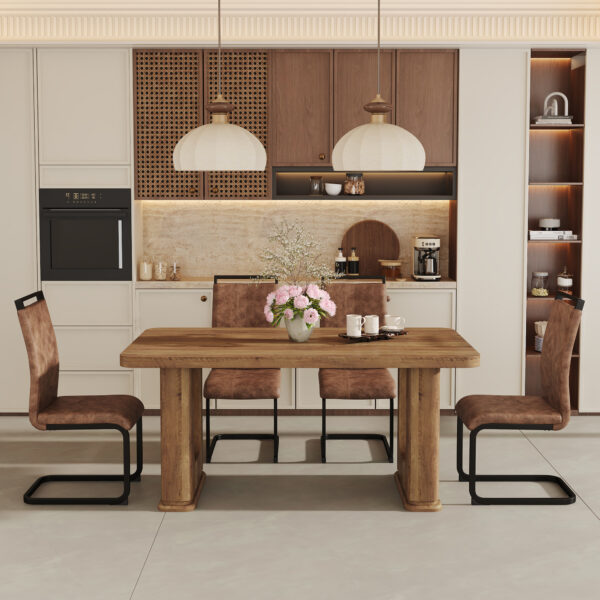 e7eafa417c5647acb1678bcb09bacdb0_39e33323d41d6aecd868cf8b2bd83cf5 Table and chair set.64.5 x 35.4 Inch Stylish Wood Color Textured Dining Table.Perfectly Blending Simplicity And Transparency.Paried With 4 Brown technology fabric chairs with arched black legs.