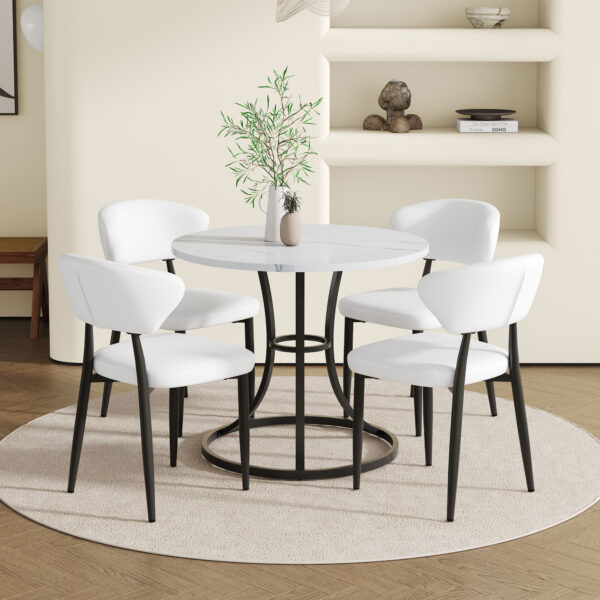 e7f4e9709f0e4c6e9bd837c32e9ea990_06f0a9bccf8da1db684d9c1ae0b22f0b Table and chair set.A Modern Minimalist Circular Dining Table With A Diameter Of 33.3 Inches.Paired With 4 White Minimalist Ergonomic Dining Chair, With A Curved Backrest For Comfortable Design.