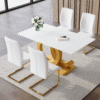 Table and chair set.Subtle Luxury Tempered Glass Dining Set - 63"x35.4" with 4 White PU Material High Resilience Dining Chairs.Arched Metal Gold Leg.White imitation marble texture sticker Tabletop.