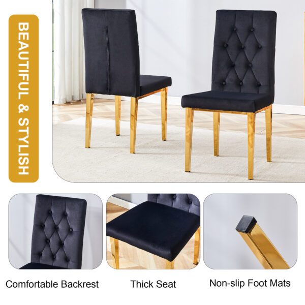 e7fc3dd219f0463e8eca1a66e37c2106_20f41c126656e451c287bd90c43db720 4 piece dining chairs.The gold metal legs complement the black velvet, showcasing a perfect blend of modern and classic elements.Suitable for various occasions such as kitchens,conference rooms, etc.