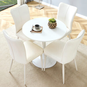 Table and chair set.Hourglass-Shaped Stable Small Round Table -31.9" * 31.9" with 4 Cream-Style dining chairs with a vertical line design on backrest.Adding a warm atmosphere to your family.