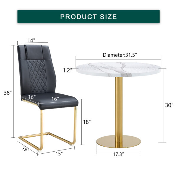 e83dd96525794243a2ccafb50103405c_d88e45394cd948d46f07edb1d15220b3 Table and chair set.31.5 Inch Elegant White Marble Pattern Round Dining Table - Suction Molding Annular Texture.Paired With 4 Black High-quality PU Chairs With Arched Golden Metal Legs.