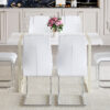 Table and chair set.55"x31.4" Cream-Style White MDF Dining Table Set with 6 White Chairs With Silver Metal Legs.MDF Tabletop and metal frame legs.Adding a warm and gentle atmosphere to your family.
