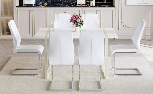 e8493716357d45e1af970d7649659ed3_c61b0ee4525c833f750029c139467b73 Table and chair set.55"x31.4" Cream-Style White MDF Dining Table Set with 6 White Chairs With Silver Metal Legs.MDF Tabletop and metal frame legs.Adding a warm and gentle atmosphere to your family.