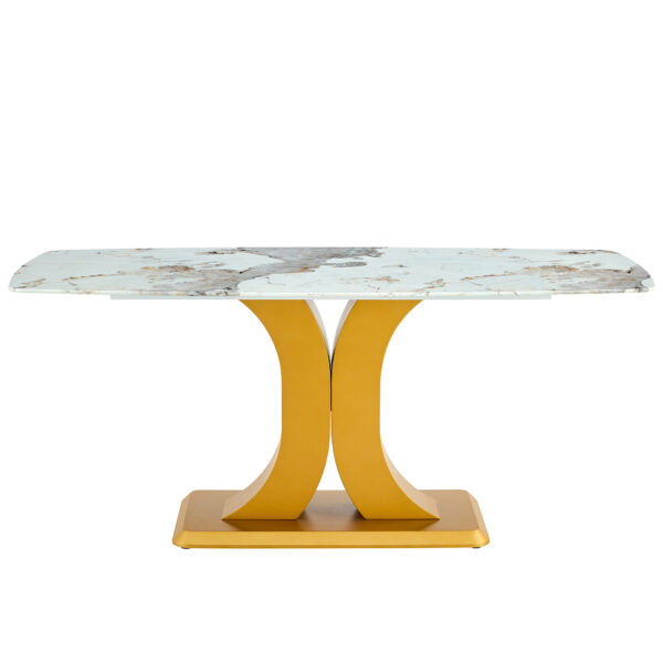 e86e98ab5bf44526835204ecc0482006_7d60f1f4ec92d759af72a3e962a7b07e A modern minimalist dining table. Imitation marbled glass tabletop. Gold MDF table legs for kitchen and living room