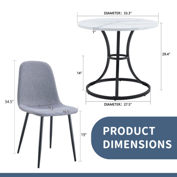 e87748ef4a5849cb8c62d2d9e57589fb_15f2aef6cf084cfe59551439f6efee46 Table and chair set.A Modern Minimalist Circular Dining Table With A Diameter Of 33.3 Inches.Paired With 4 Light Gray Linen-Cotton Material High Resilience Dining Chair with Metal Leg.