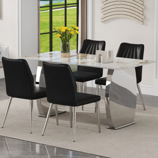 e890b6a8df434bd7a63b560dc1f4a756_8c71b27d659adf7228a70eb556d2e388 Table and chair set.63*31.4 Inch Pandora Patterned Sintered Stone Dining Table Set - 4 Shell Textured Black Chairs, Modern Light Luxury.Perfect For Dinner Room,Meeting Room,Kitchen,etc.
