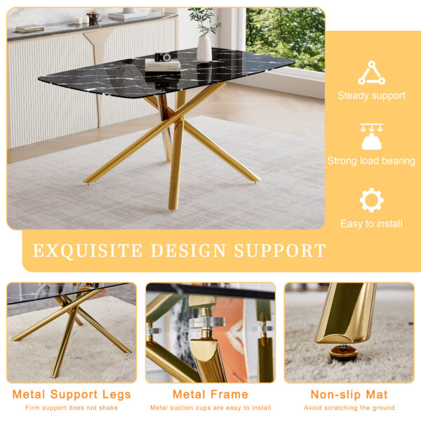 e89daaf50a6642ccbe0a23e02aa24ae9_1f0a033ec1af1948691c934144010935 63"x35.4" Luxurious Black Marble-Patterned Tempered Glass Dining Table.Single Fork Golden Metal Table Legs.Tempered Glass Table Top,Golden Metal Leg.Make it Adaptable To Various Decoration Styles.