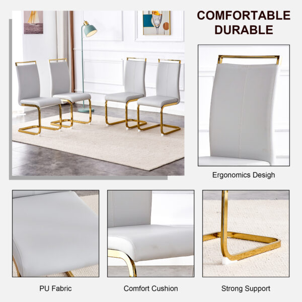 e8ac8749d83b4b6c9e59796a465943da_4d7feda1316176f083bac617fd4537fe Table and chair set.Large modern rectangular table with 0.4 inch patterned glass tabletop and large MDF table legs.Comes with 8 chairs with faux leather cushioned seats and golden metal legs.