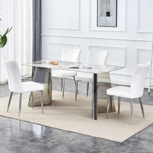 e8c19e62a3a14779bbf342df9d8a4a59_513427b760cac4f71108c77188b807c4 Table and chair set.63"x31.5x30" Luxurious Pandora patterned Sintered Stone Tabletop with Silver Stainless Steel Legs.Paried With 4 White PU Chairs with a vertical stripe design on the backrest.