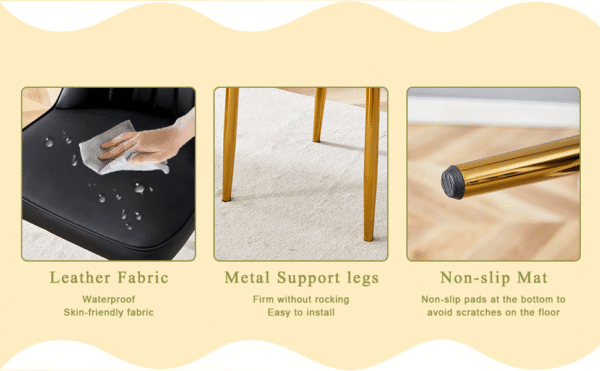 Table and chair set.A 42 Inch Diameter Modern Minimalist Round Dining Table With Transparent Tempered Glass top And Golden Metal Legs,4 Black Chairs With PU Backrest And Seat Cushion.