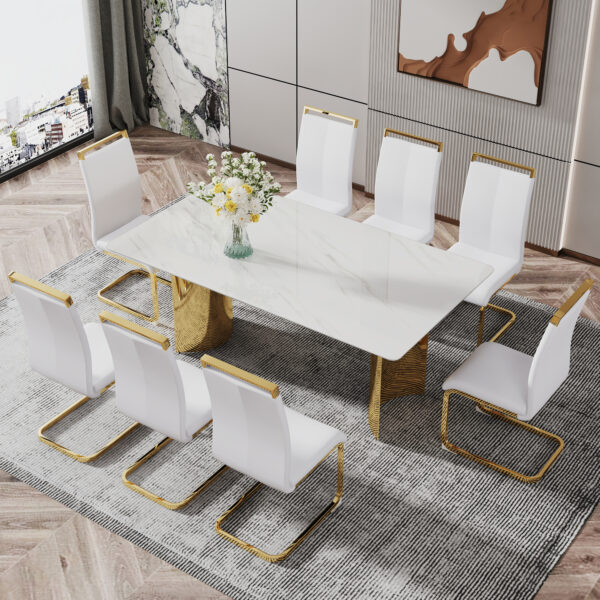 e8d5afddc3e3466a83fcc8d328eadc82_20231122_44450bd2fd6840acc80b63363e0ed5e5 Modern minimalist dining table. The white imitation marble glass desktop is equipped with golden metal legs. Suitable for restaurants and living rooms 71 "* 39.3" * 29.5 "DT-69
