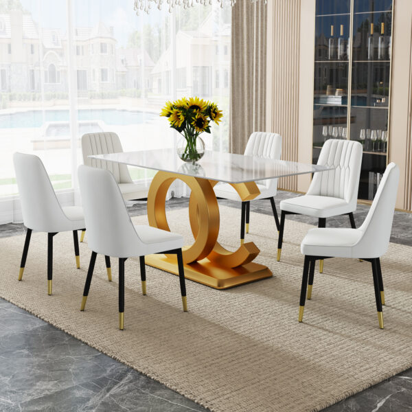 e8f682f2c2b943f29dac89b8cb84a8ae_20240306_cb2f01741b73c850640d408b6c55452e A large modern minimalist rectangular dining table suitable for 6-8 people, A set of 6-piece PU leather backrest and black metal legs modern dining chairs. F-OC C-007