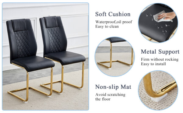 e90515f8b307409092590395c1672619_d2a96d48b500c885d8c8e06341356e90 Table and chair set.Luxurious Tempered Glass Dining Set - 63"x35.4" with 6 Comfortable Black PU Chairs With Golden Arched Metal Legs .V-Shaped Support Design Table Leg.