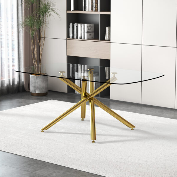 e91fa1158acf4ca1b7e5f81083ad0657_20230717_8fdc8ec2d7c1c9edc4863523dc7ca2e1 Large Modern Minimalist Rectangular Glass Dining Table for 6-8 with 0.39" Tempered Glass Tabletop and Golden Plated Metal Legs,for Kitchen Dining Living Meeting Room Banquet hall 71'' x 39'' x30''1537