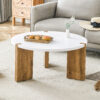 33.4-inch diameter minimalist circular MDF material coffee table, a stable and practical choice. The unique embedded design and the support of three table legs make the coffee table structure stable.