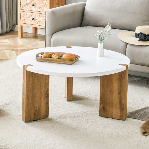 e926155c56724602b702528d5e60b13c_885571781286790289889ca336443406 33.4-inch diameter minimalist circular MDF material coffee table, a stable and practical choice. The unique embedded design and the support of three table legs make the coffee table structure stable.