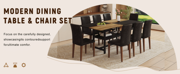 Table and chair set.71*35.4 inch Wooden And Black Spliced Dining Table With Storage Function In The Middle Of The Table Legs.Paired With 8 Black PU Dining Chairs, Simple And Versatile.