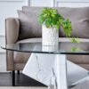 Round glass coffee table, 33.4 "modern design unique coffee table. Tempered glass countertop with white patterned MDF legs. Suitable for living and dining rooms