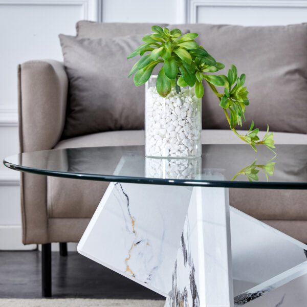 e950f57426f1436c9dadb7afed96acf2_48bba8a8778ce0968b3e72a7c27cc32b Round glass coffee table, 33.4 "modern design unique coffee table. Tempered glass countertop with white patterned MDF legs. Suitable for living and dining rooms