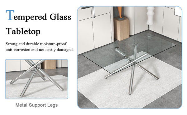 e951e26cd3ef4d5e93e5c5cef179fbf5_03606aa931455196d08ac9c1238562f2 Table and chair set.Modern Luxurious Transparent Tempered Glass Dining Table Set with 6 Chairs.Single fork silver metal table legs.White high-quality PU dining chairs with silver metal legs.