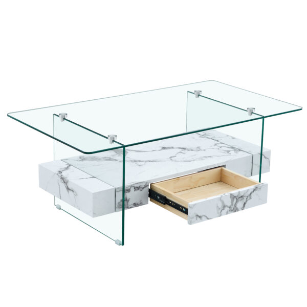 e95584bb6da74be1a5e4ea52130ddc2c_f850e8e74b9c4cc336f087e1d4252249 43.3 Inch Modern Two-Tier Coffee Table - Clear Tempered Glass and White Marble Texture, Multifunctional Storage Design.The bottom tier includes a drawer.Can be used as a coffee table,side table,etc.