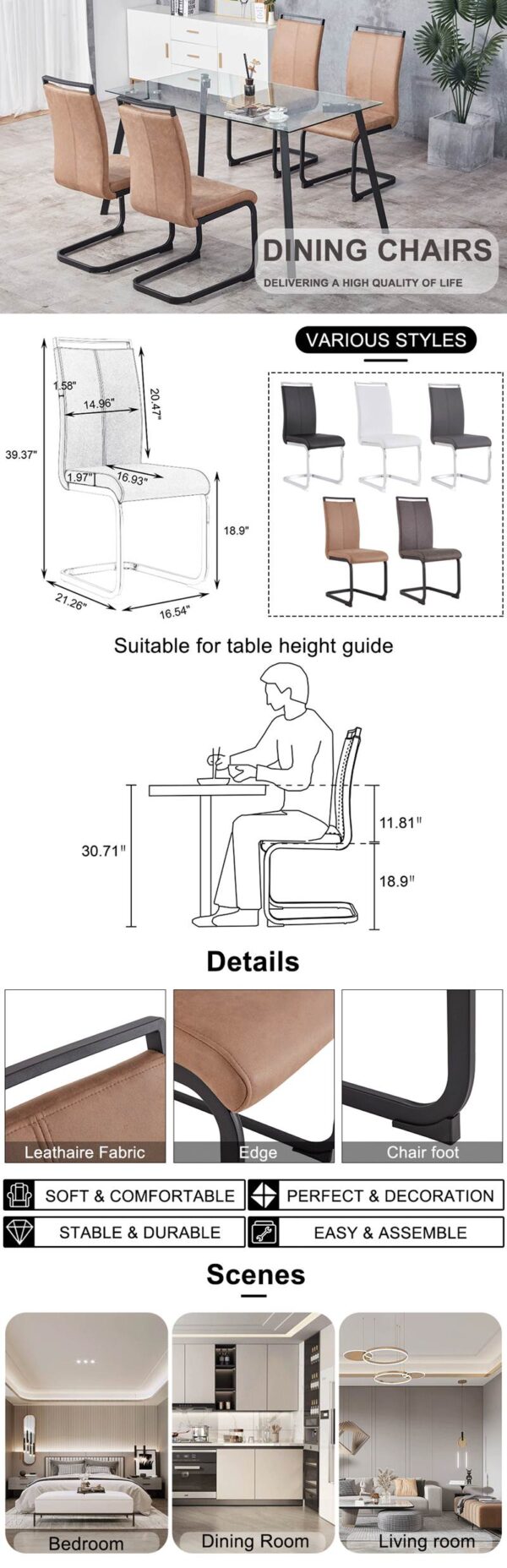 e956f278008f414a940d3d99c613cdcb_20220725_025bff4e6a48a26970d550dcdc964453 Dining Chairs,tech cloth High Back Upholstered Side Chair with C-shaped Tube Black Metal Legs for Dining Room Kitchen Vanity Patio Club Guest Office chair (Set of 2) Brown1162