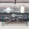 43.3 Inch Modern Two-Tier Coffee Table - Clear Tempered Glass and Black Marble Texture, Multifunctional Storage Design.The bottom tier includes a drawer.Can be used as a coffee table,side table,etc.