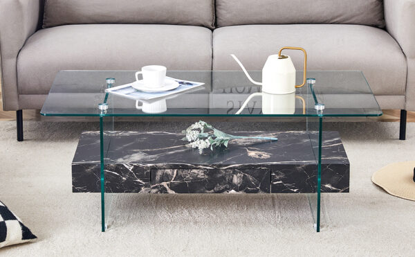 e95fa03f509e4c35abc05b49462faa7c_6fc54d2954728a5bd7b5b7a706f48e1a 43.3 Inch Modern Two-Tier Coffee Table - Clear Tempered Glass and Black Marble Texture, Multifunctional Storage Design.The bottom tier includes a drawer.Can be used as a coffee table,side table,etc.