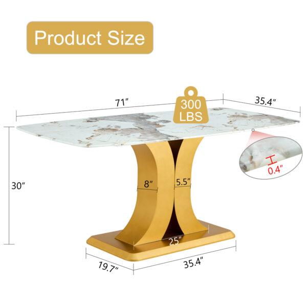 e970854d006e45a4ba03fccca25eaea2_bd9463c713a7394ca39e9e2685cdbcf3 A modern minimalist dining table. Imitation marbled glass tabletop. Gold MDF table legs for kitchen and living room