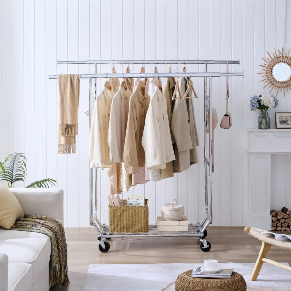 e9845a52a8914aacaa24af6f0b682e13_7948d7aaef3a5e1214526d736471f44d Double Clothing Garment Rack with Shelves Capacity 800lbs Clothing Racks on Wheels Rolling Clothes Rack for Hanging Clothes Heavy Duty Portable Collapsible Commercial Garment Rack
